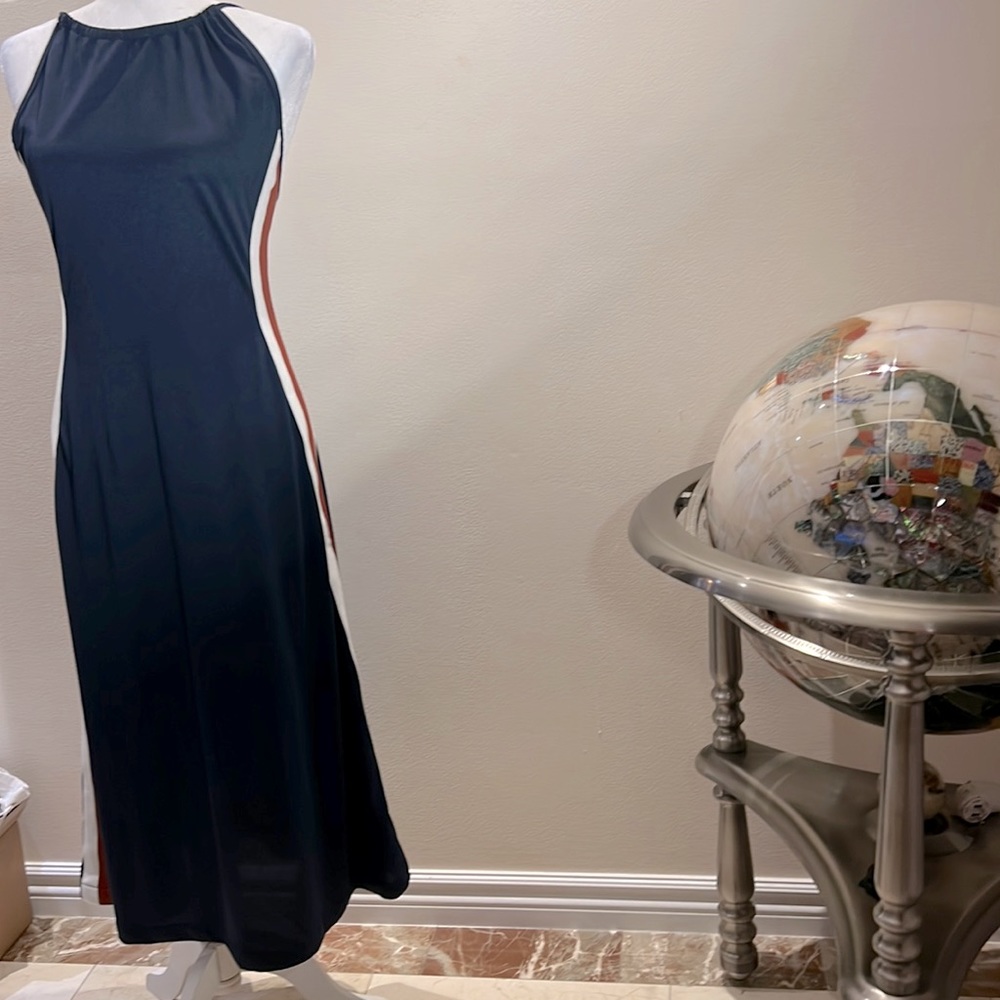 Ganni long sleeveless blue with stripped side dress